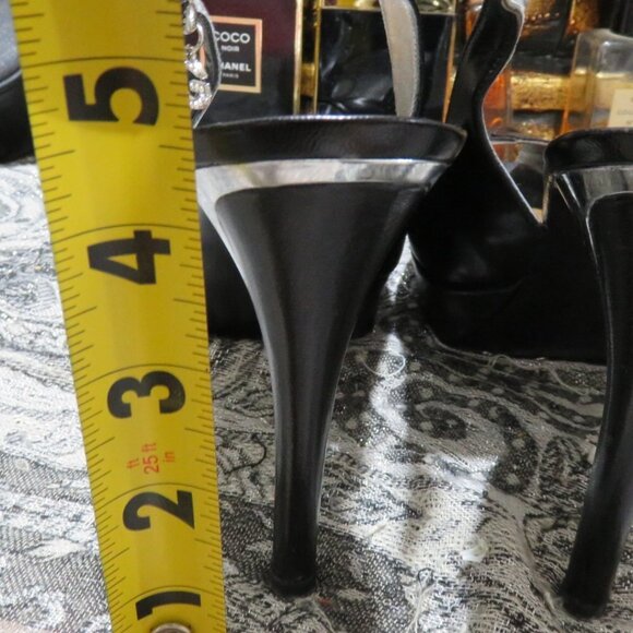 Guess black leather peep toe slingback platform heels w/ charm 7.5 silver heels - Picture 7 of 16
